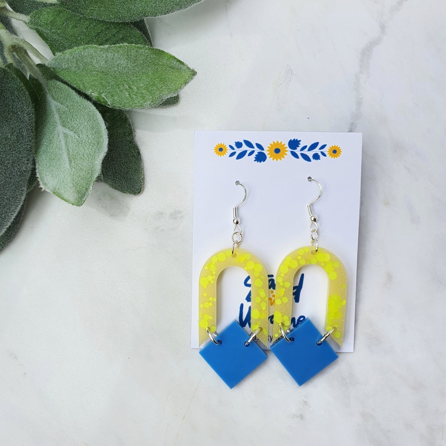 Ukraine earrings Resin earrings Glitter earrings Blue and yellow jewelry