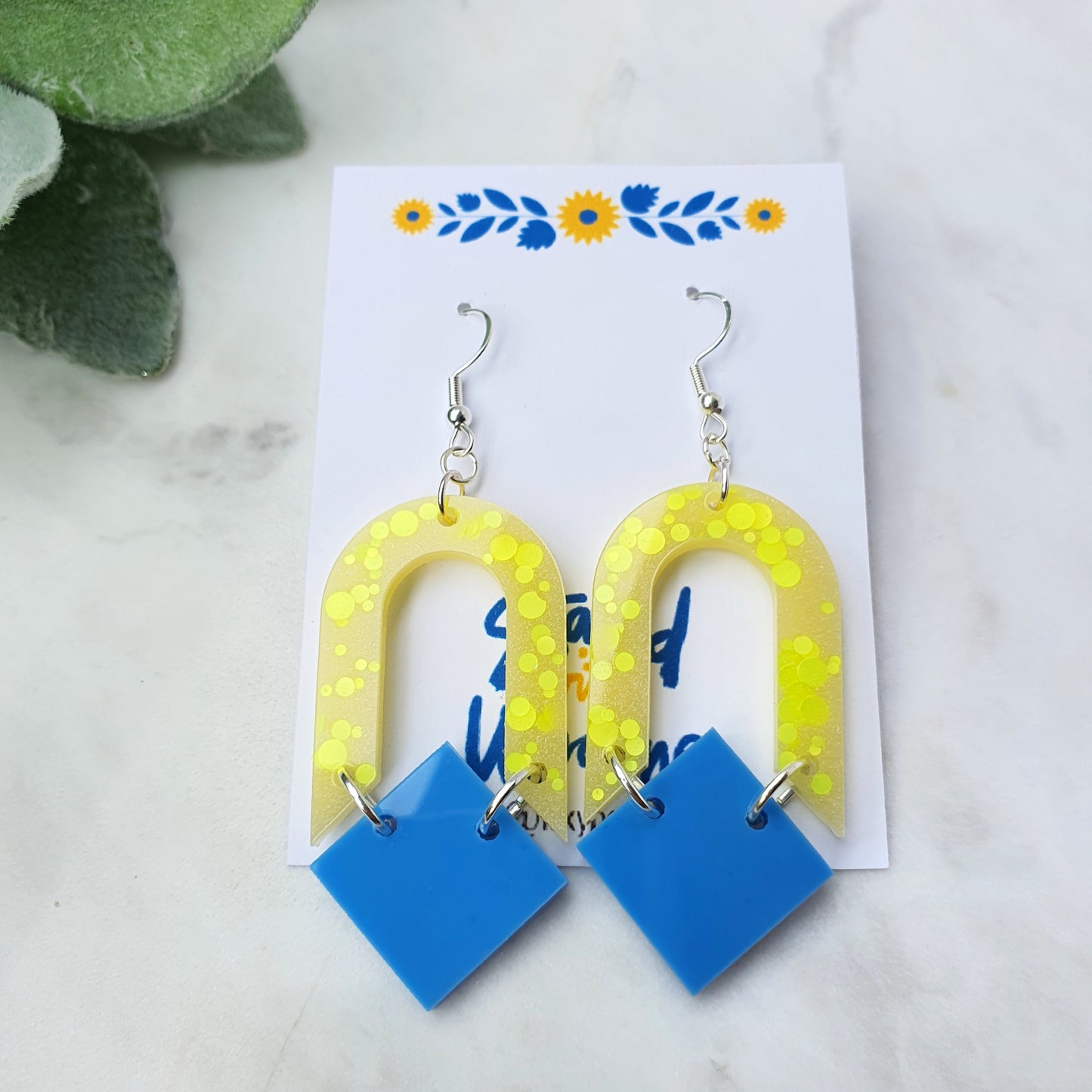 Ukraine earrings Resin earrings Glitter earrings Blue and yellow jewelry