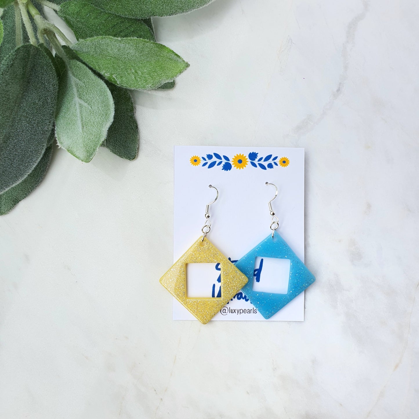 Ukraine earrings Resin earrings Glitter earrings Blue and yellow jewelry