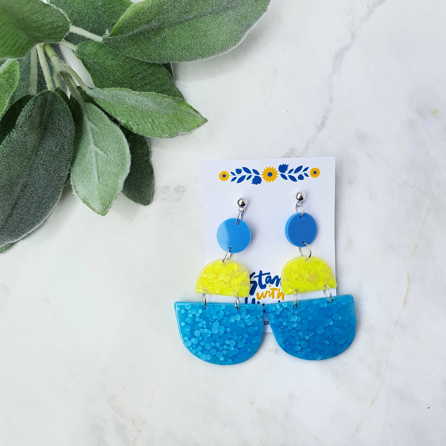 Ukraine earrings Resin earrings Glitter earrings Blue and yellow jewelry