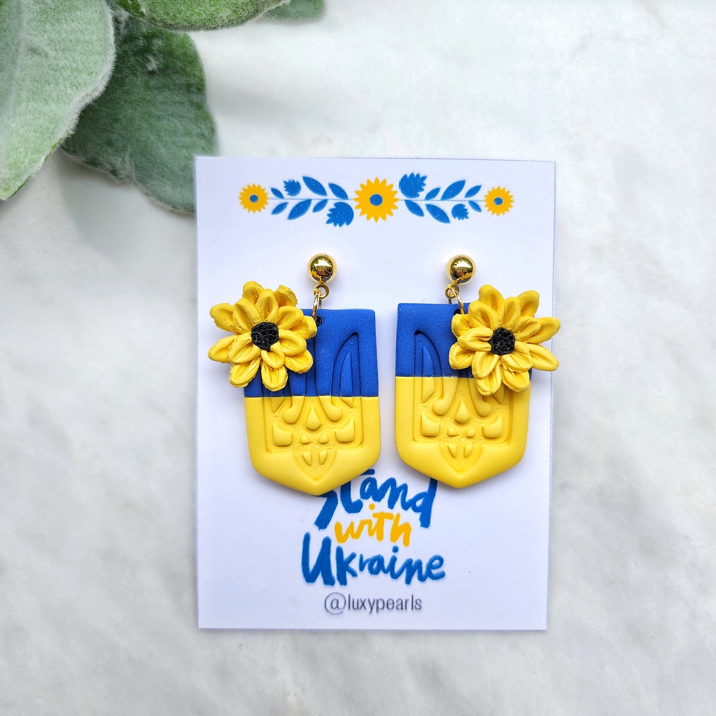 Ukrainian earrings. Support Ukrainian crafters. Polymer clay earrings. Trezub earrings. Trident earrings. Blue and yellow earrings