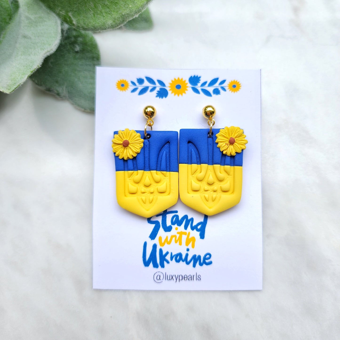 Ukrainian earrings. Support Ukrainian crafters. Polymer clay earrings. Trezub earrings. Trident earrings. Blue and yellow earrings