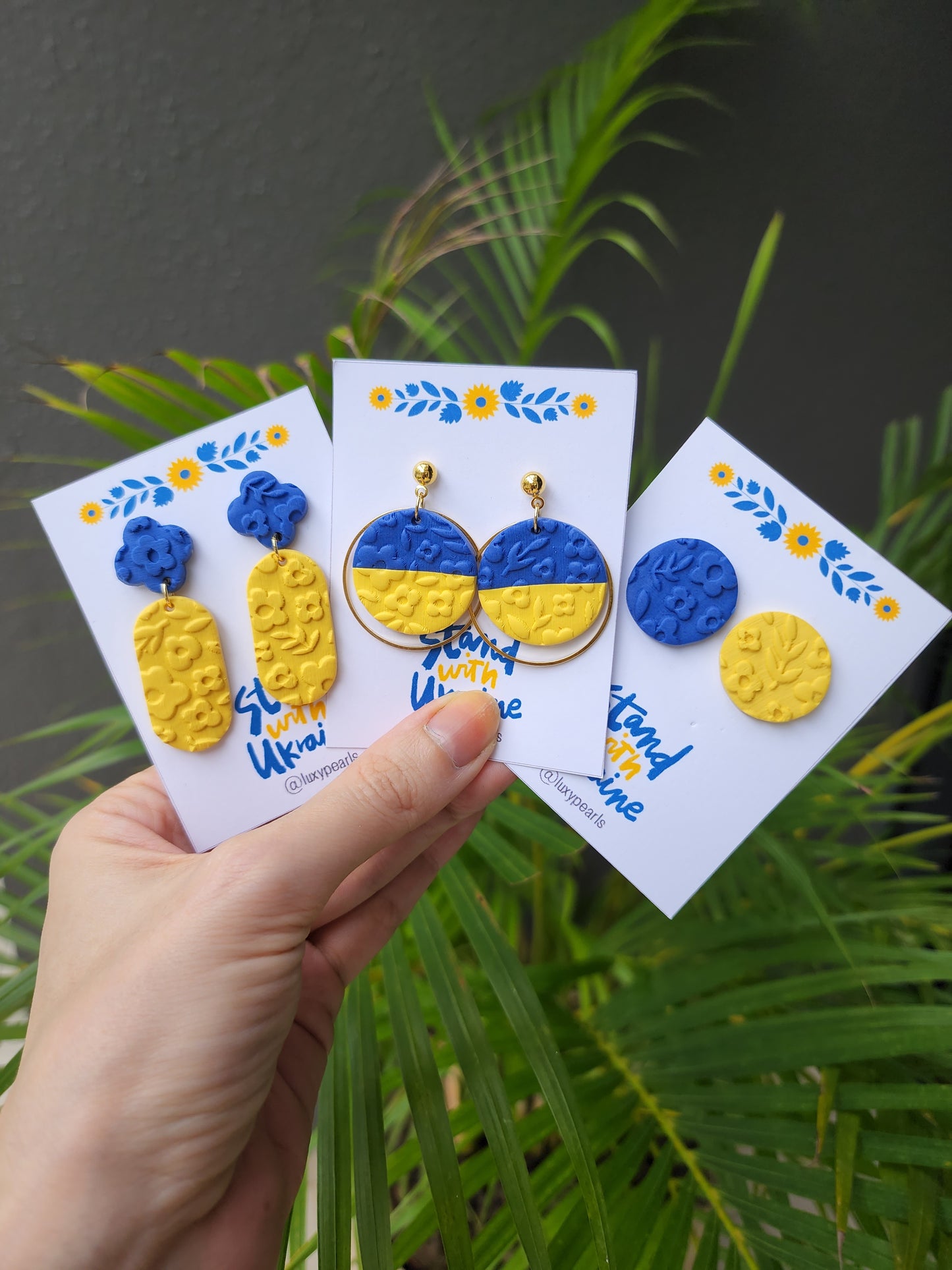 Ukrainian earrings. Support Ukrainian crafters. Polymer clay earrings. Trezub earrings. Trident earrings. Blue and yellow earrings