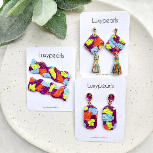 Bright colors polymer clay earrings, hair clips