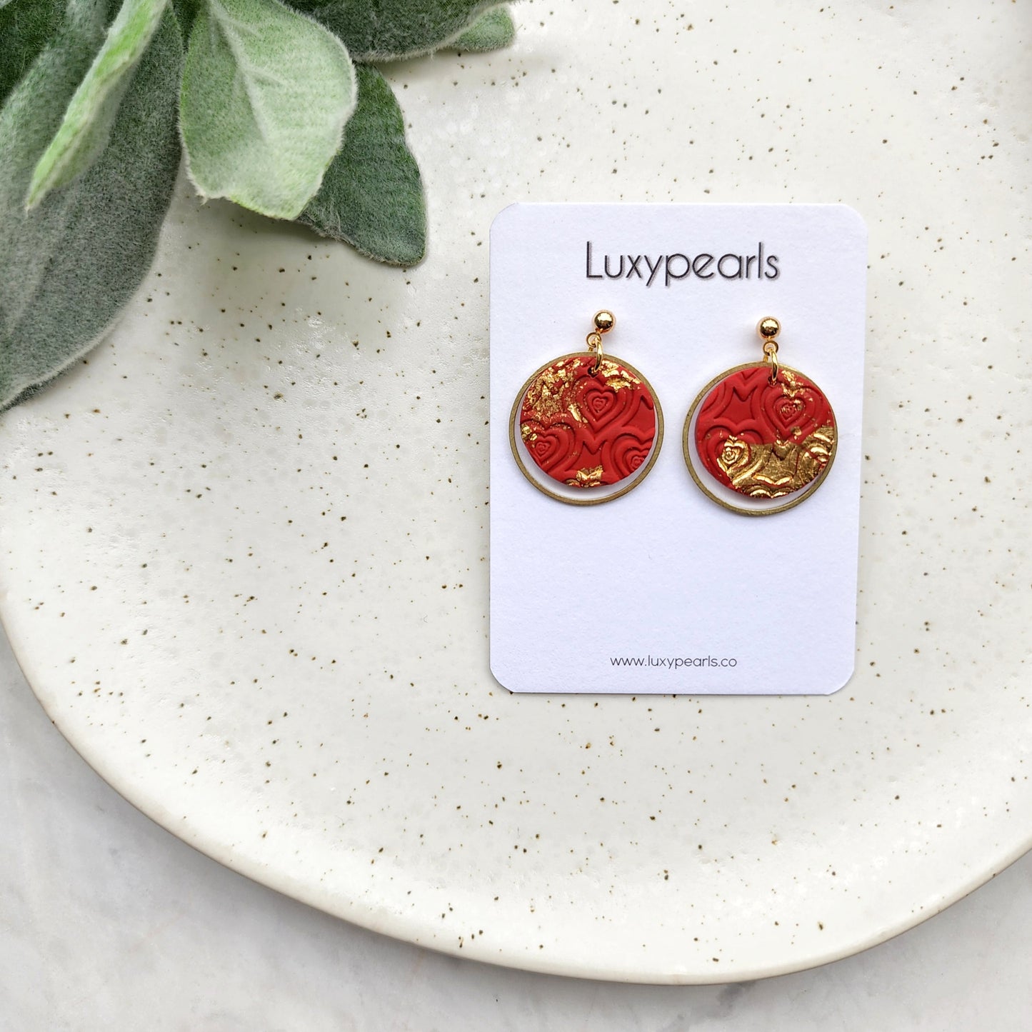 "Valentine's day" red and gold polymer clay earrings