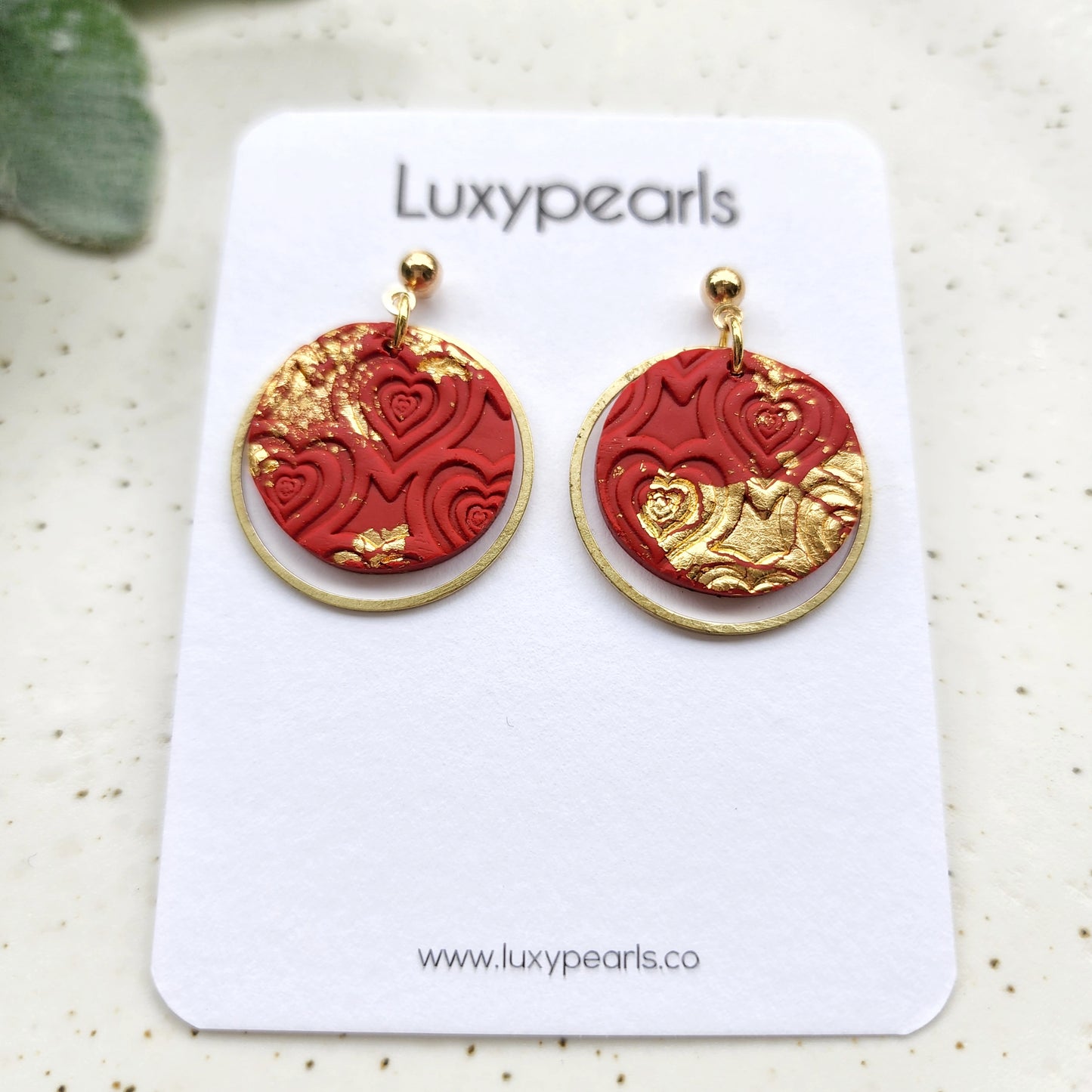 "Valentine's day" red and gold polymer clay earrings