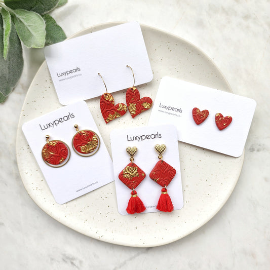 "Valentine's day" red and gold polymer clay earrings